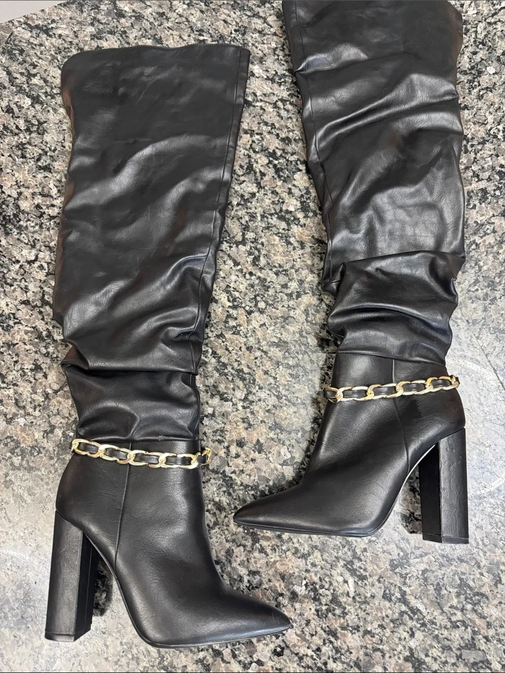 Shoe Dazzle Thelma Black Over-the-Knee Pointed Toe Boots with Gold Chain